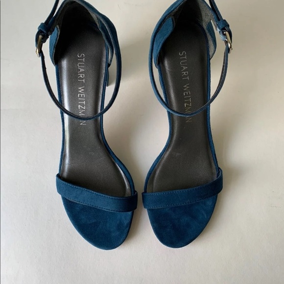 Stuart Weitzman Nearlynude Blue Teal Suede Ankle Strap Block Heel Sandal Size 7 - Picture 4 of 9